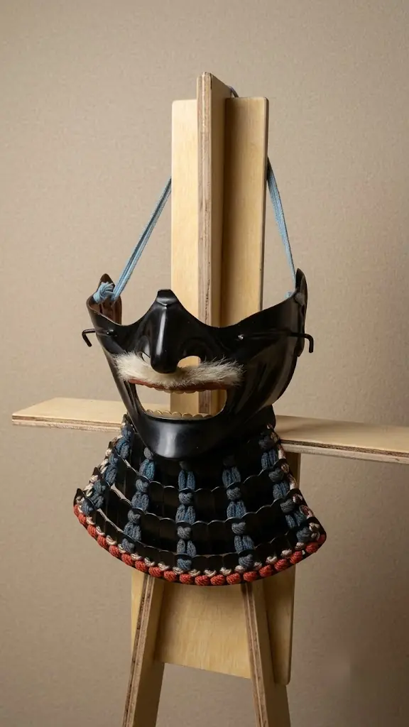 顔まわりに着用する黒い鉄製面頬